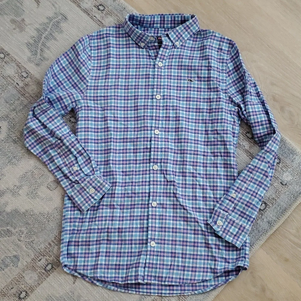 Vineyard Vines Boys Blue Pink Flannel Cotton Whale Shirt Button-up SzM (12-14)